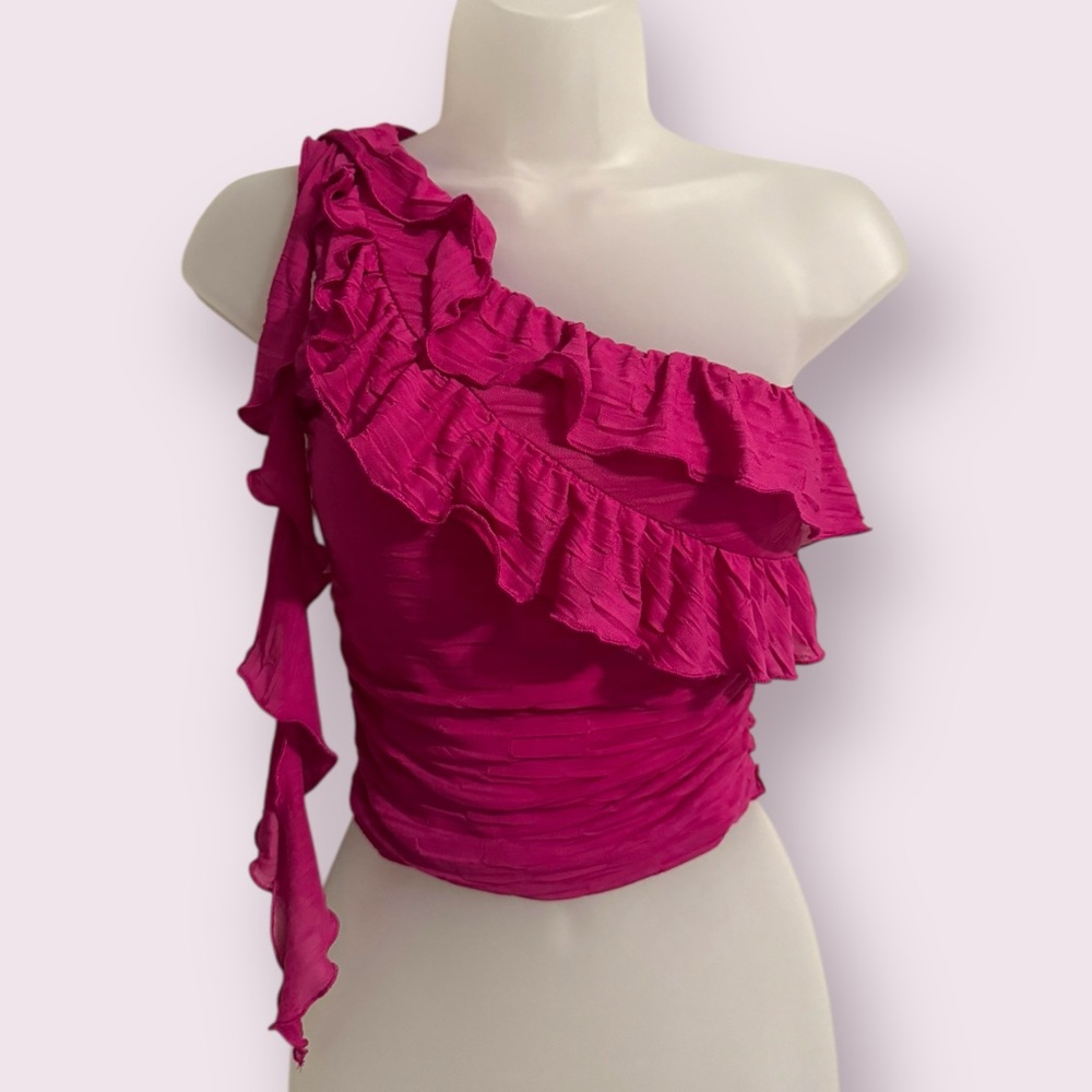 Crystal Sky Pink One Shoulder Ruffle Crop Top Asymmetrical Size XS